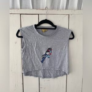 Global Desi Cropped Sleeveless Top Bird Embroidered Vibrant Colors Small Gray